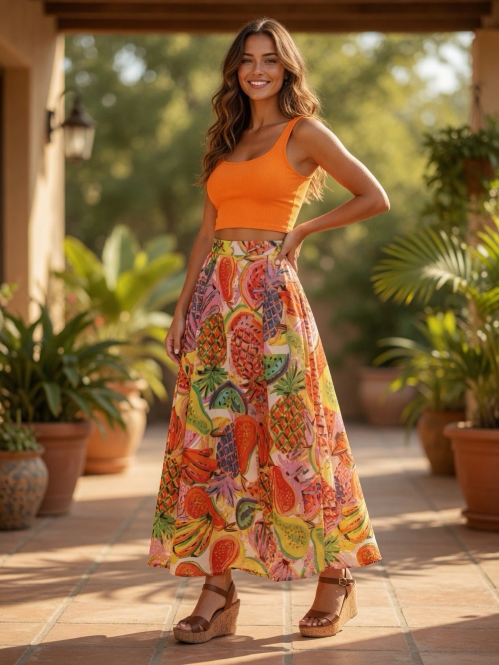 NWT her destiny fruit cocktail pineapple watermelon banana maxi skirt size L